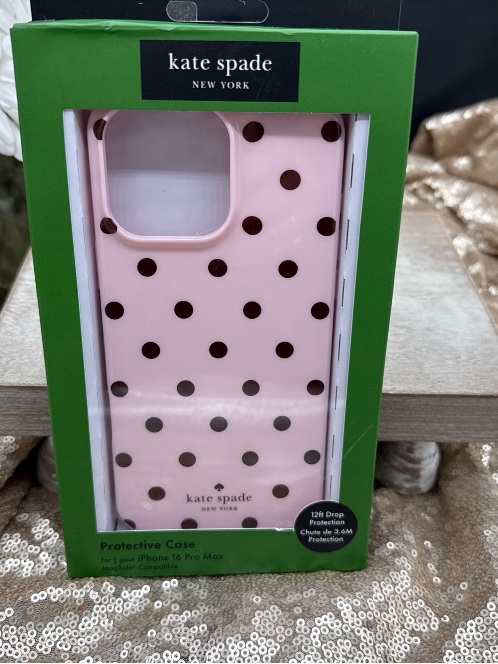 Kate Spade Pink W Brown Polka Dots iPhone Case For 16 Pro Max NIB